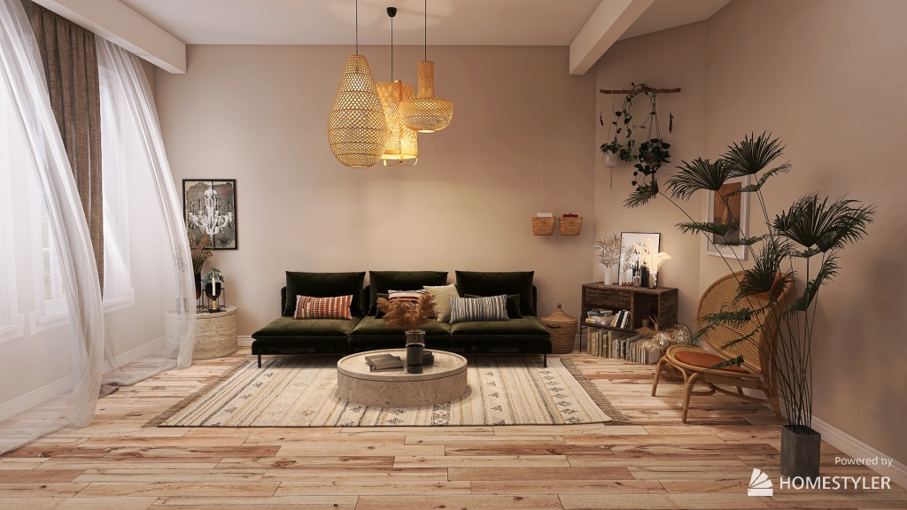 Modern Bohemian livingroom 3d design renderings