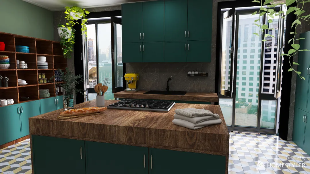 Modern kitchen idea with custom cement tiles 3d design renderings