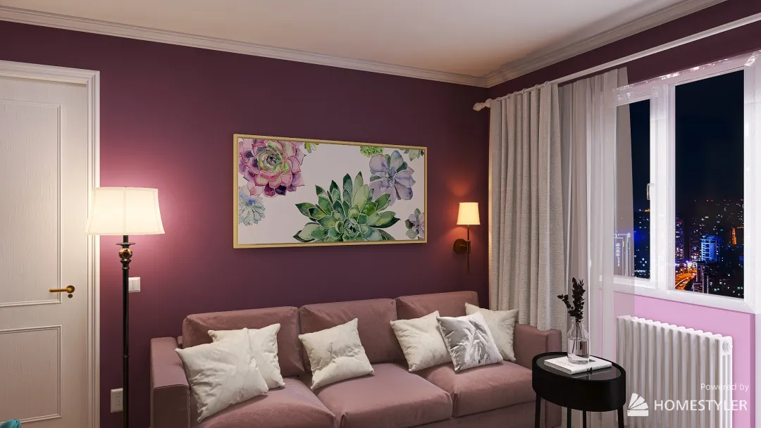 Лавандовая спальня-гостиная 3d design renderings