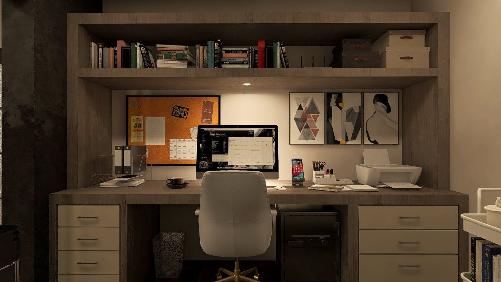 Modern Black Green Master's Office & Pantry Area 3d design renderings