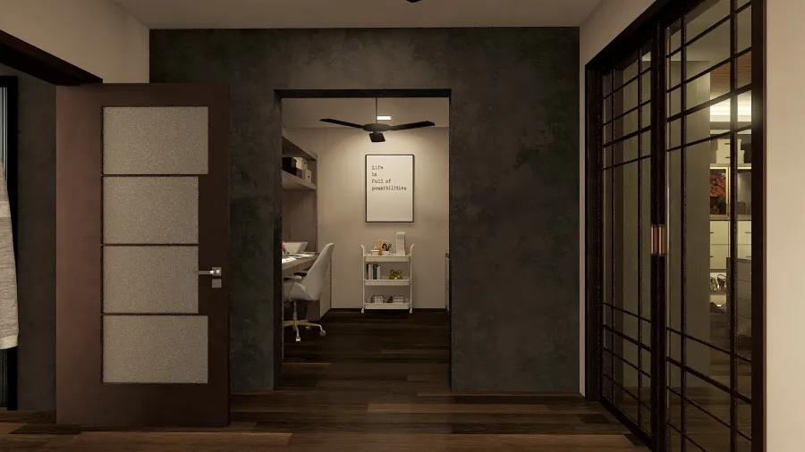 Modern Black Green Entry way to mini office/pantry, master closet and bathroom 3d design renderings