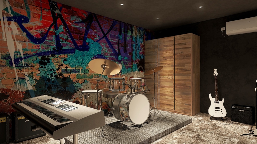 Modern Black Green Band Studio 3d design renderings