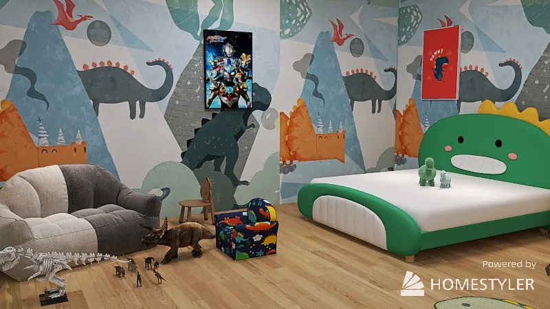 Twin Dino Bedroom 3d design renderings