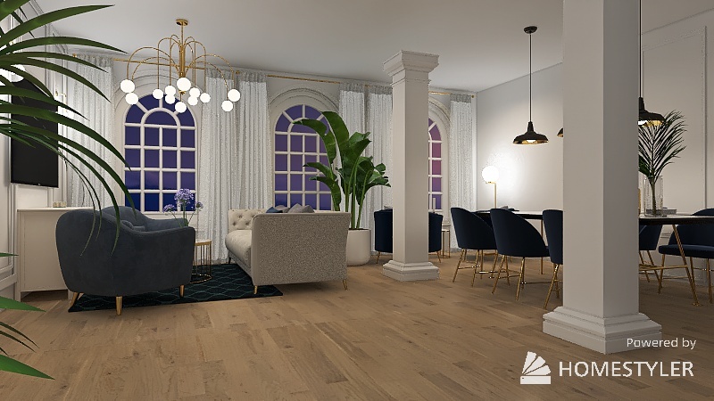 Living and dining room, kitchen 3d design renderings