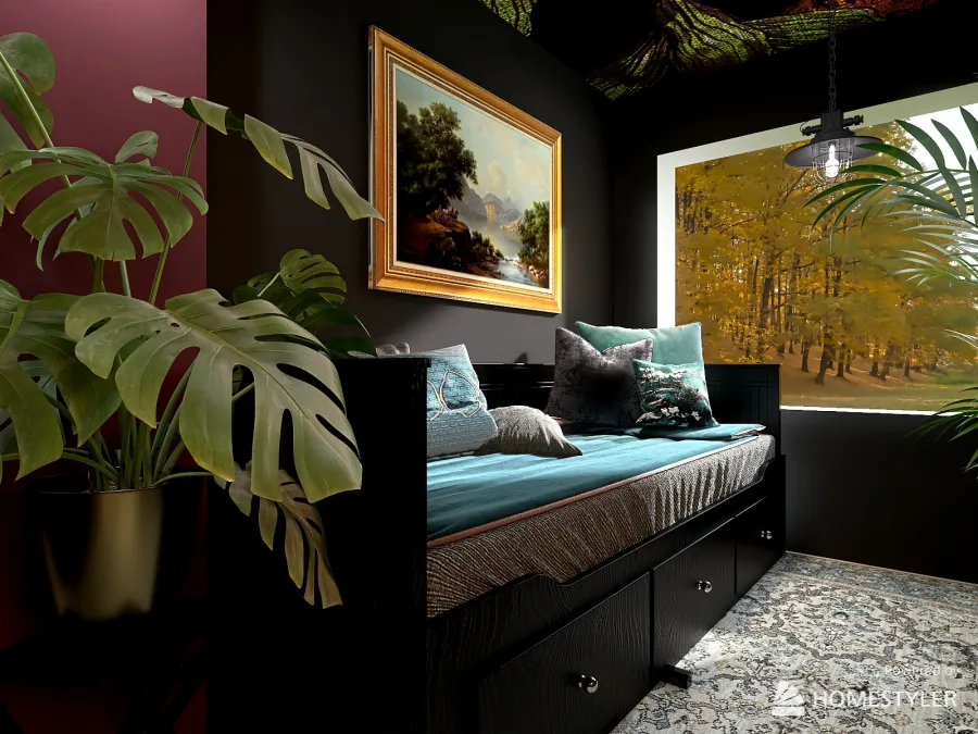 Dark creative cozy jungle versatile room 3d design renderings