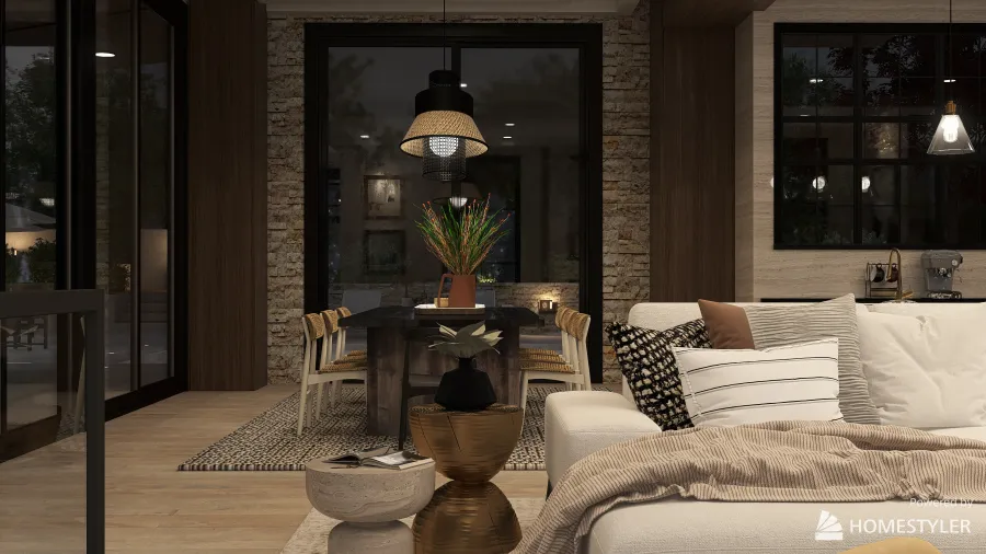 WabiSabi WarmTones Living - Kitchen - Dining 3d design renderings
