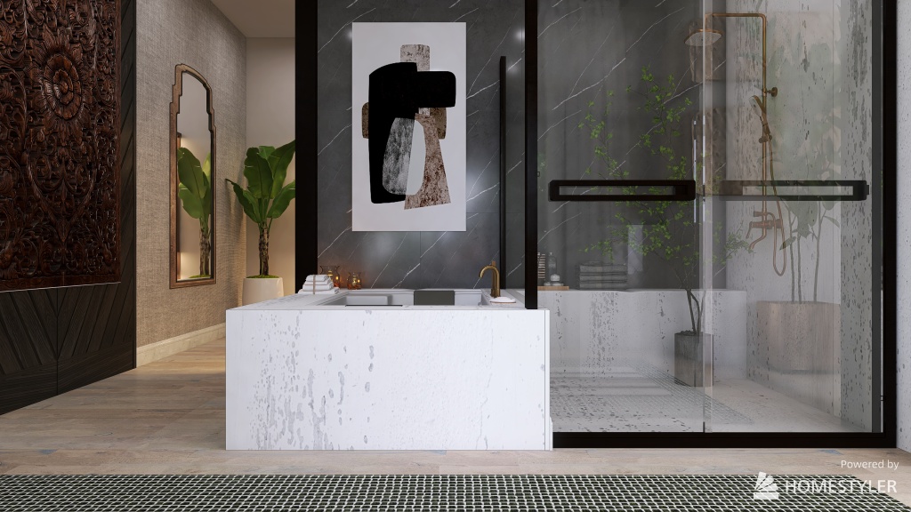 WabiSabi WarmTones Master Bathroom 3d design renderings