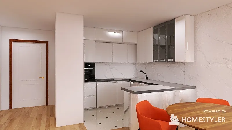 kuchnia 2 biała w U bez wnęki na siedzenie w przedpokoju 3d design renderings