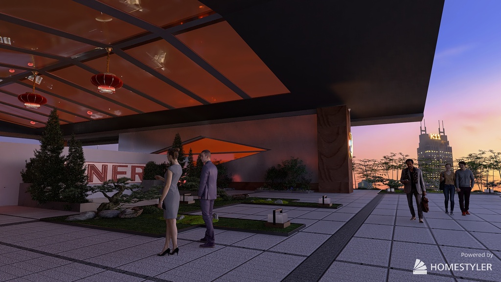 The Golden Moon Diner and Roof Garden Terrace. 3d design renderings