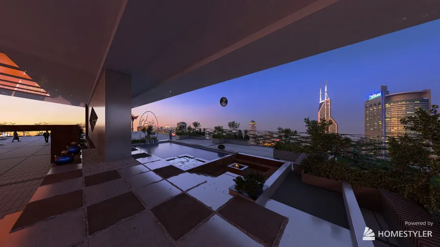 The Golden Moon Diner and Roof Garden Terrace. 3d design renderings