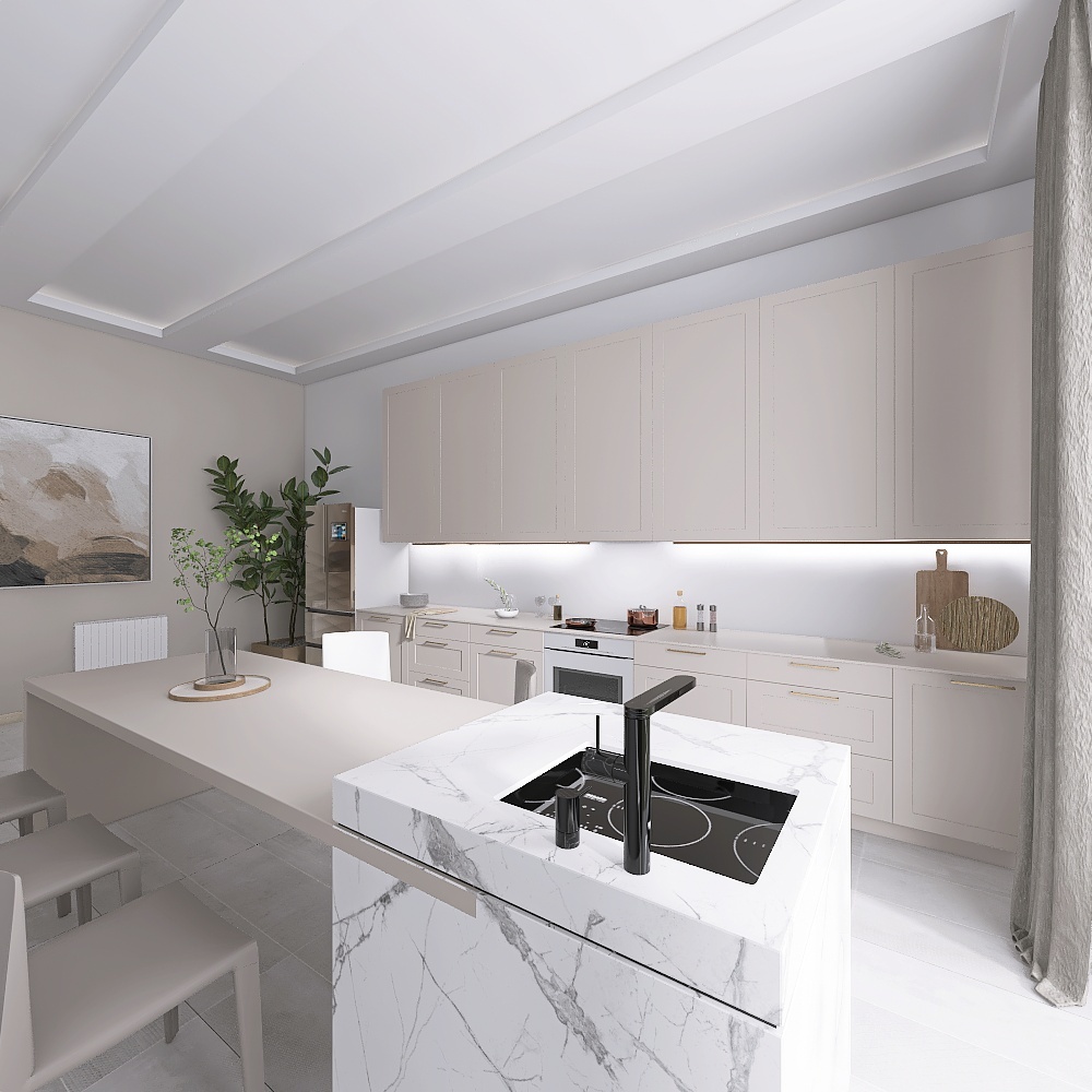 Kitchen and living room 3d design renderings