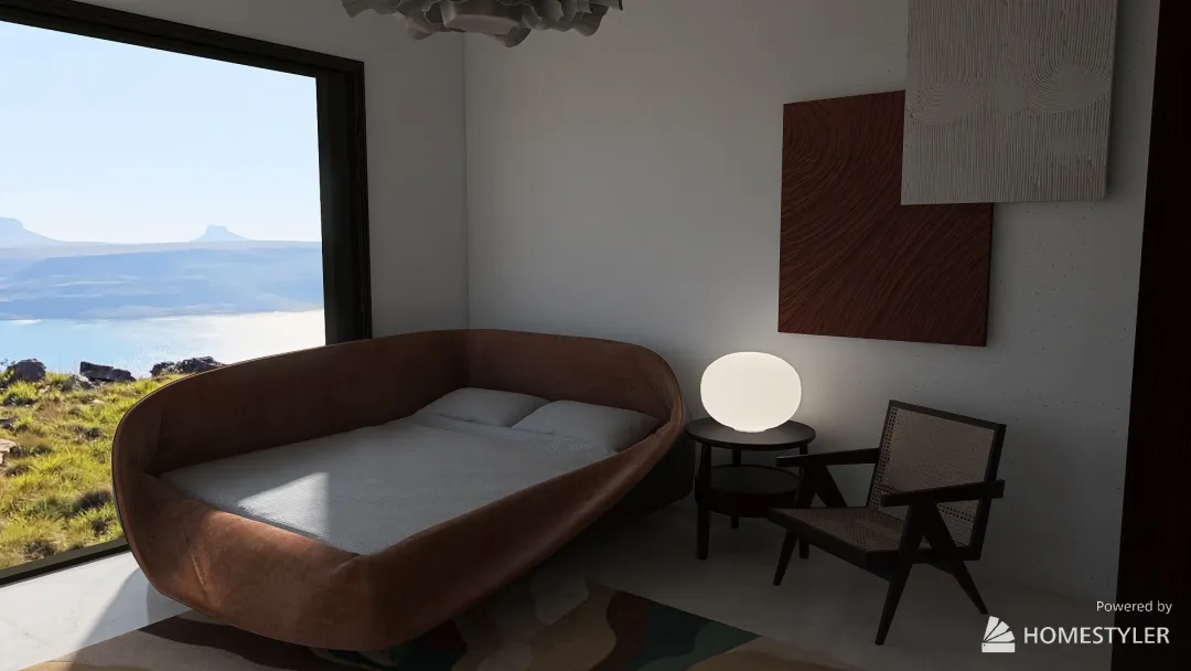 80s bedroom with ocean view 3d design renderings