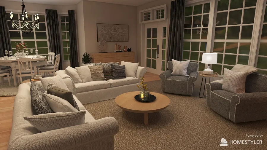 My living and dining area in my actual home,  Just redesigned. 3d design renderings