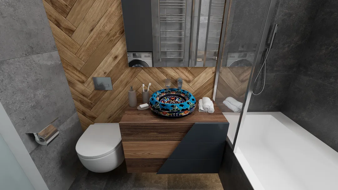 Small bathroom with hand-painted Mexican sink. 3d design renderings