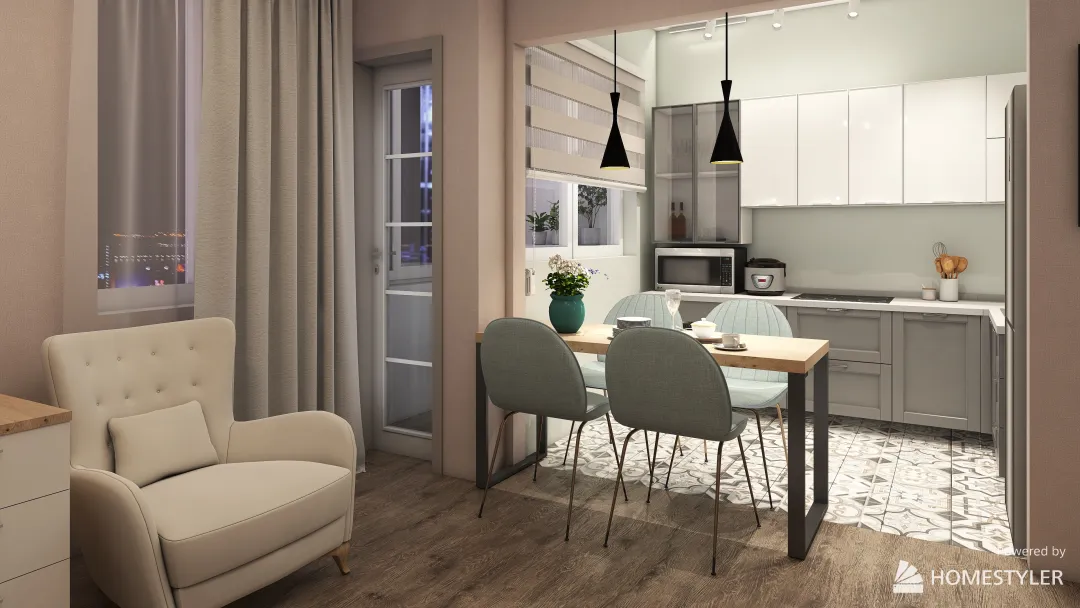 Apartment with 2 bedrooms and a bright kitchen-living room 3d design renderings
