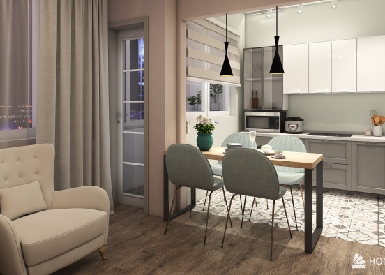 Apartment with 2 bedrooms and a bright kitchen-living room Design Rendering