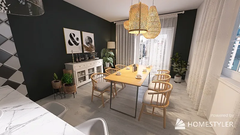 Cozinha verde e sala de jantar 3d design renderings