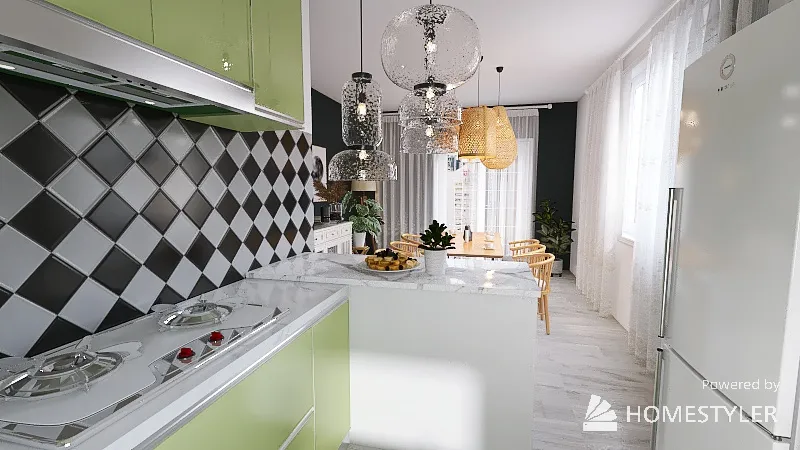 Cozinha verde e sala de jantar 3d design renderings