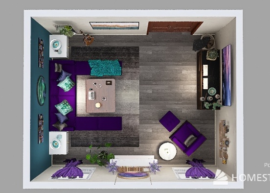 Violet and Teal Living Room Design Rendering