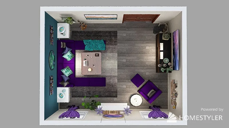 Violet and Teal Living Room 3d design renderings