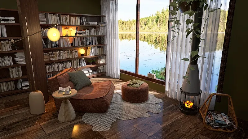 a cozy lounge with a cozy book 3d design renderings
