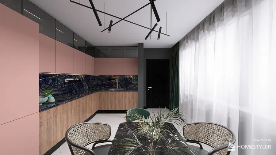 Тропическая кухня в пюсовом цвете 3d design renderings
