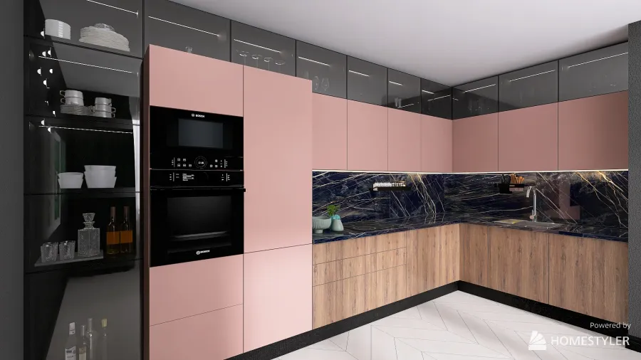 Тропическая кухня в пюсовом цвете 3d design renderings