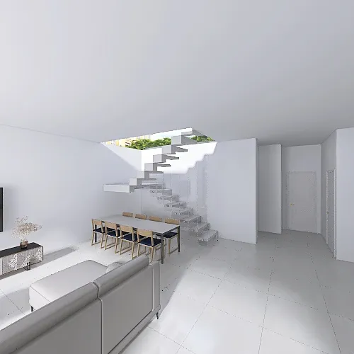 מטבח קצר עם פינת אוכל ליד המדרגות 3d design renderings