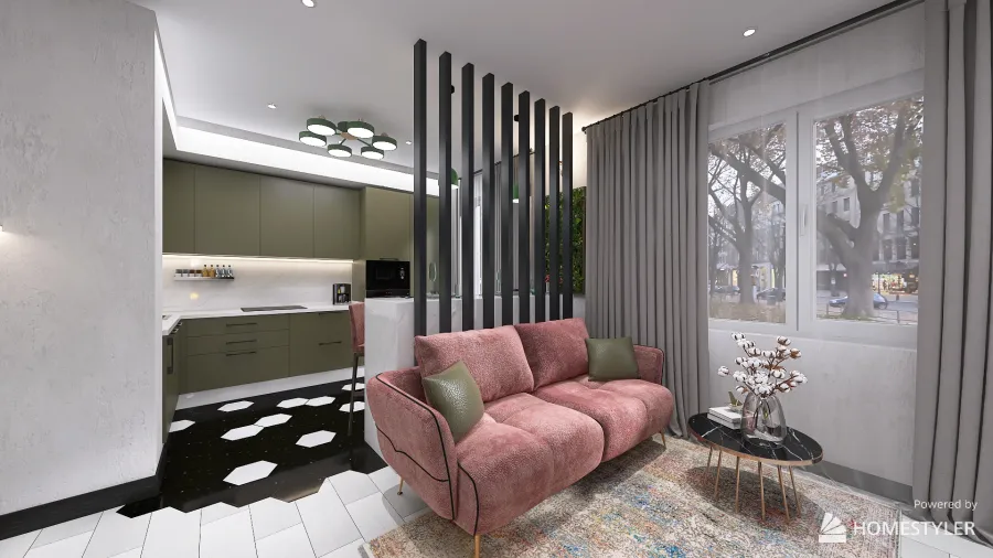 Кухня-гостиная Хаки 3d design renderings
