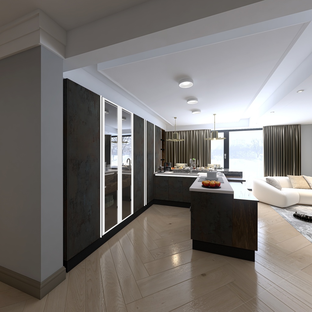 Kitchen and living room space with hallway 3d design renderings