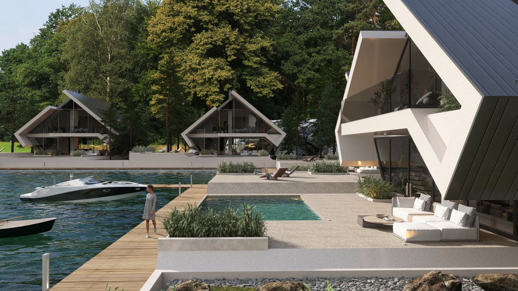 Villas de lujo con embarcadero. 3d design renderings