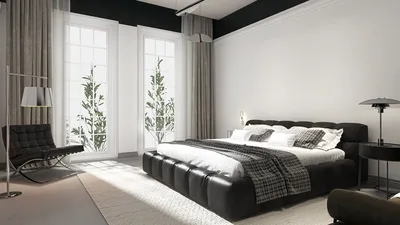 modern bedroom design featuring a luxurious black upholstered bed and stylish seating arrangement with natural light from large windows, showcasing the interior decor capabilities of Homestyler.