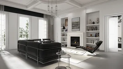 modern living room design showcasing a sleek black sofa and contemporary lounge chair, featuring a cozy fireplace and stylish decor, enhancing the interior decor with Homestyler's real-time 3D rendering feature.