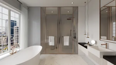 modern bathroom featuring a freestanding bathtub and elegant glass shower, designed using Homestyler's real-time 3D rendering for a luxurious interior decor experience.