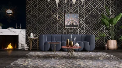 A modern living room featuring a plush blue sofa arranged with stylish coffee tables, accented by a geometric patterned wallpaper, showcasing a sophisticated design aesthetic. This interior decor captures the essence of contemporary elegance while utilizing Homestyler's real-time 3D rendering functionality for enhanced visualization.