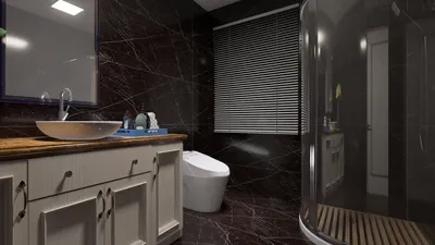 modern bathroom design featuring a sleek sink and shower, showcasing elegant dark marble walls, emphasizing functionality and aesthetics with Homestyler's real-time 3D rendering.