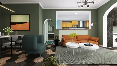 modern living room with stylish green walls and contemporary furniture featuring a cozy orange sofa and round white coffee tables, showcasing a blend of mid-century and minimalist design; optimized for space efficiency using Homestyler's real-time 3D rendering feature.
