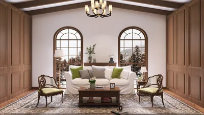 a cozy living room featuring a white sofa with green accents, styled in a classic design for an inviting atmosphere, showcasing the interior decor concept of homestyler's smart furniture arrangement feature.