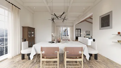 dining table setting with elegant decor showcasing a modern rustic style enhancing dining space functionality, featuring Homestyler's real-time 3D rendering for quick design previews.