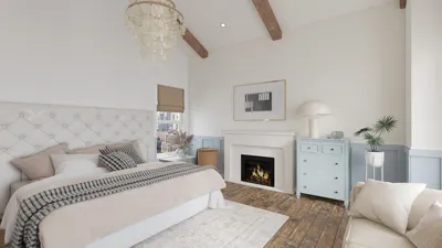 bedroom featuring a stylish bed arrangement in a modern minimalist style with warm wooden accents, showcasing Homestyler's real-time 3D rendering functionality.