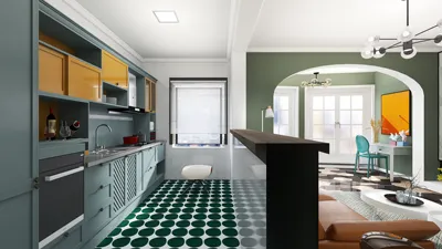kitchen interior design featuring a modern layout with green and blue cabinetry, showcasing a stylish cooking area and open plan living space, utilizing Homestyler's real-time 3D rendering feature for accurate visual previews.