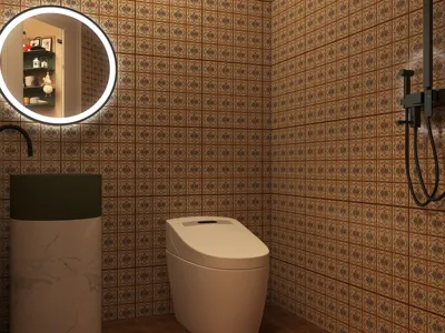 modern bathroom design featuring a sleek toilet and circular mirror, incorporating vintage tile patterns and stylish sink, enhancing functionality and aesthetics, showcasing Homestyler's real-time 3D rendering capabilities.