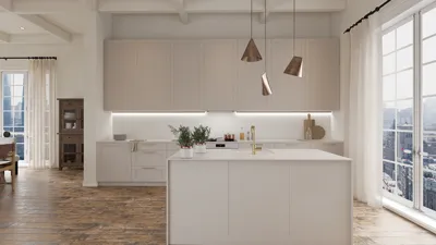 Modern kitchen design featuring sleek cabinetry and pendant lighting, showcasing a minimalist style for efficient cooking and social interactions, utilizing Homestyler's real-time 3D rendering for effective design visualization.