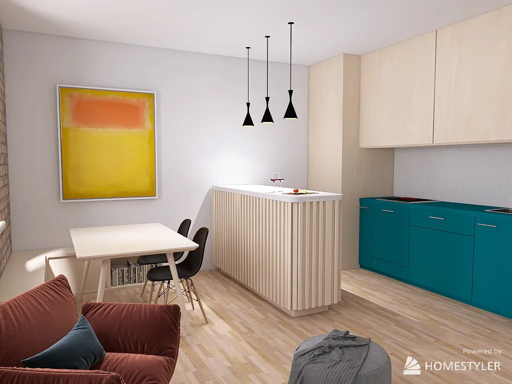 teal and plywood one bed 3d design renderings