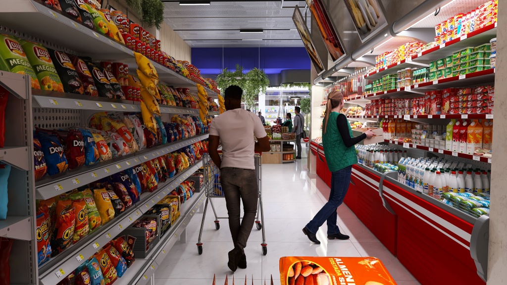 Sucursal de cadena de supermercados 3d design renderings