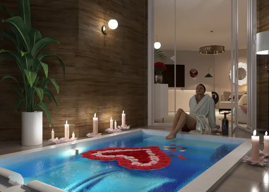 Luxury Hotel Honeymoon Suite with Jetted Bathtub and Hot tub Design Rendering