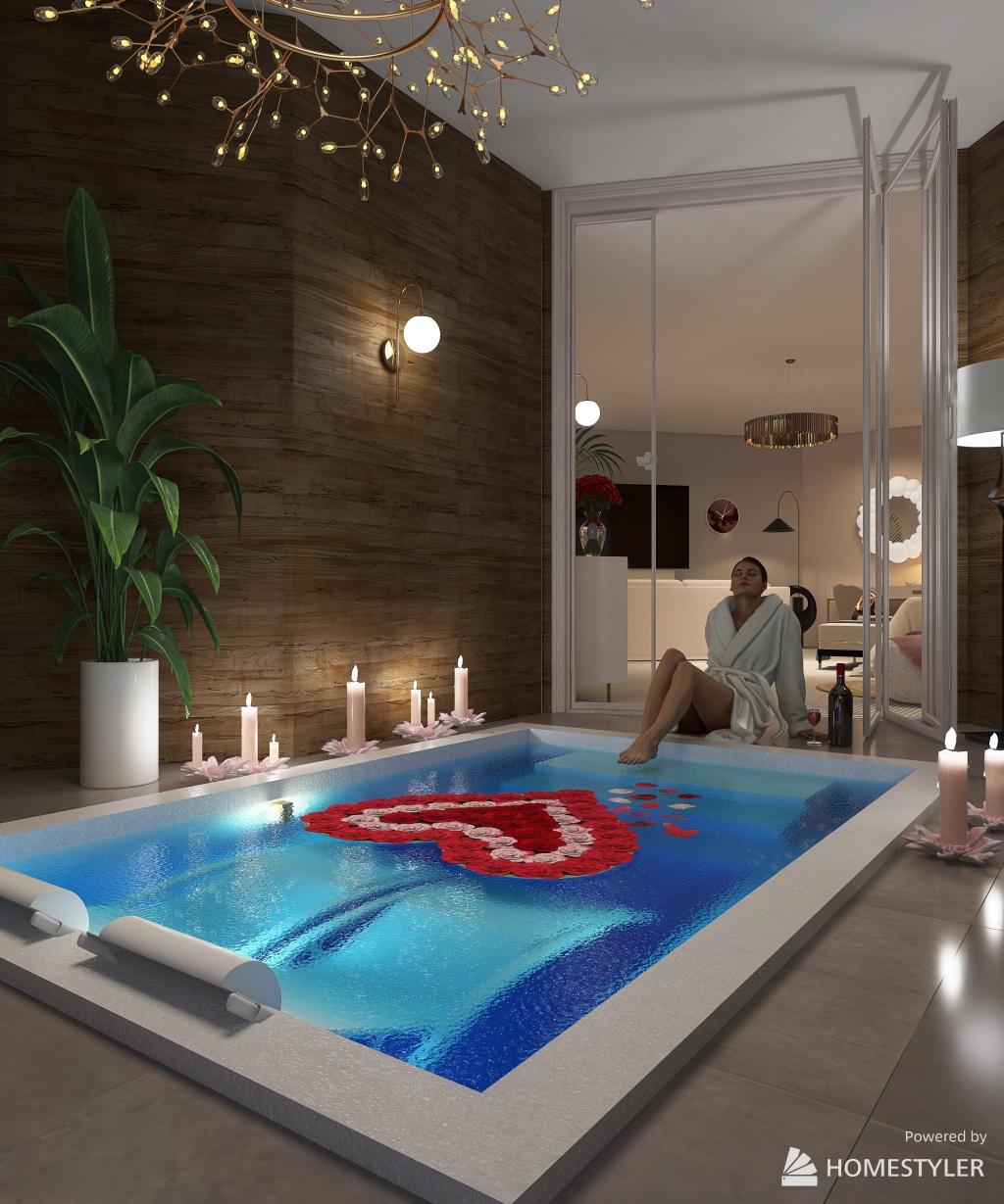 Luxury Hotel Honeymoon Suite with Jetted Bathtub and Hot tub 3d design renderings