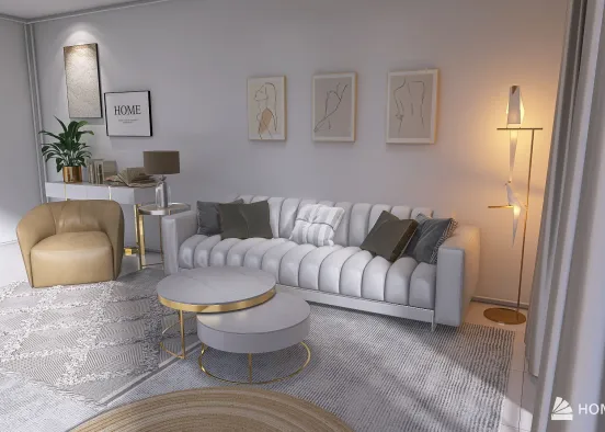 White, Gold-silver Livingroom Design Rendering