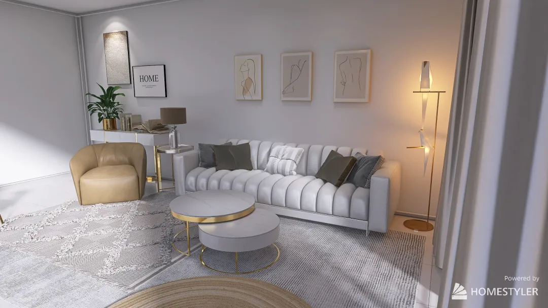 White, Gold-silver Livingroom 3d design renderings