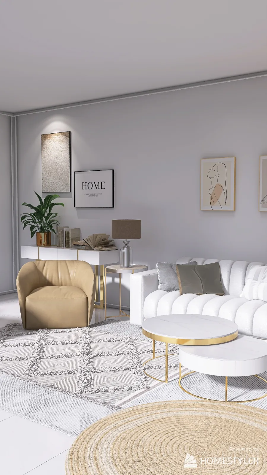 White, Gold-silver Livingroom 3d design renderings